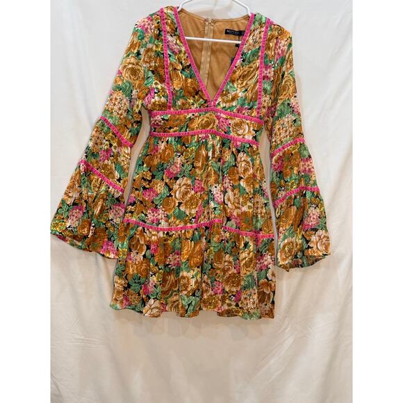 Nasty Gal Dresses & Skirts - NWT Nasty Gal Floral Bell Sleeve Mini Dress Mustard Pink Velvet Trim Boho Size 2